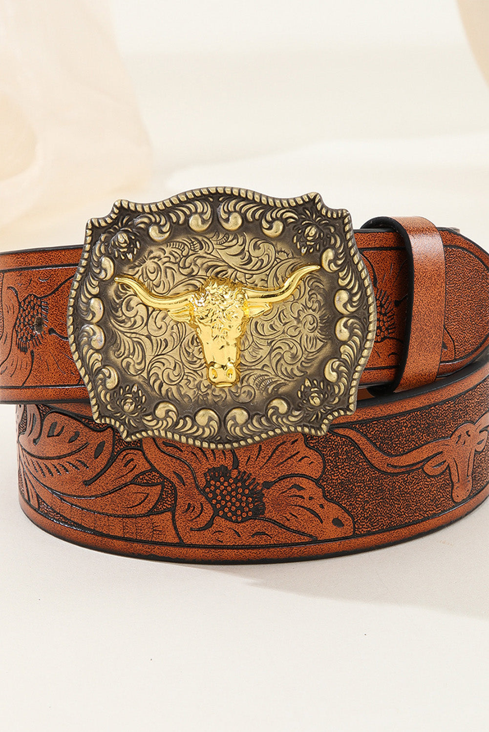 Brown Western Longhorn Large Bull Buckle Cowgirl Belt - One Size