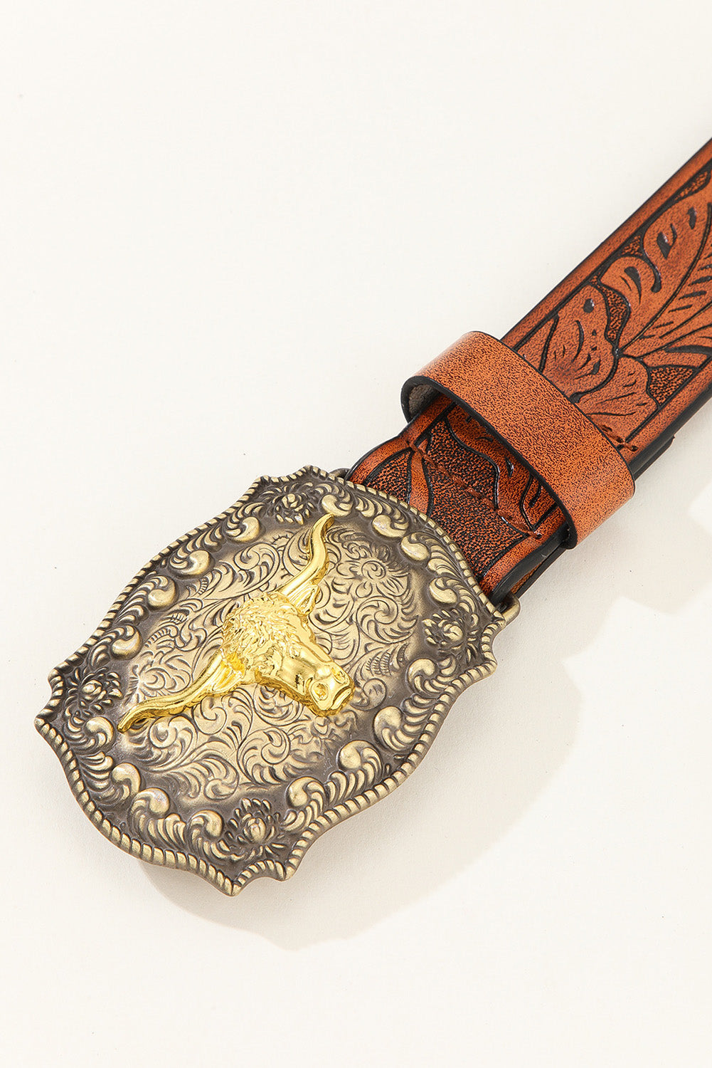 Brown Western Longhorn Large Bull Buckle Cowgirl Belt - One Size