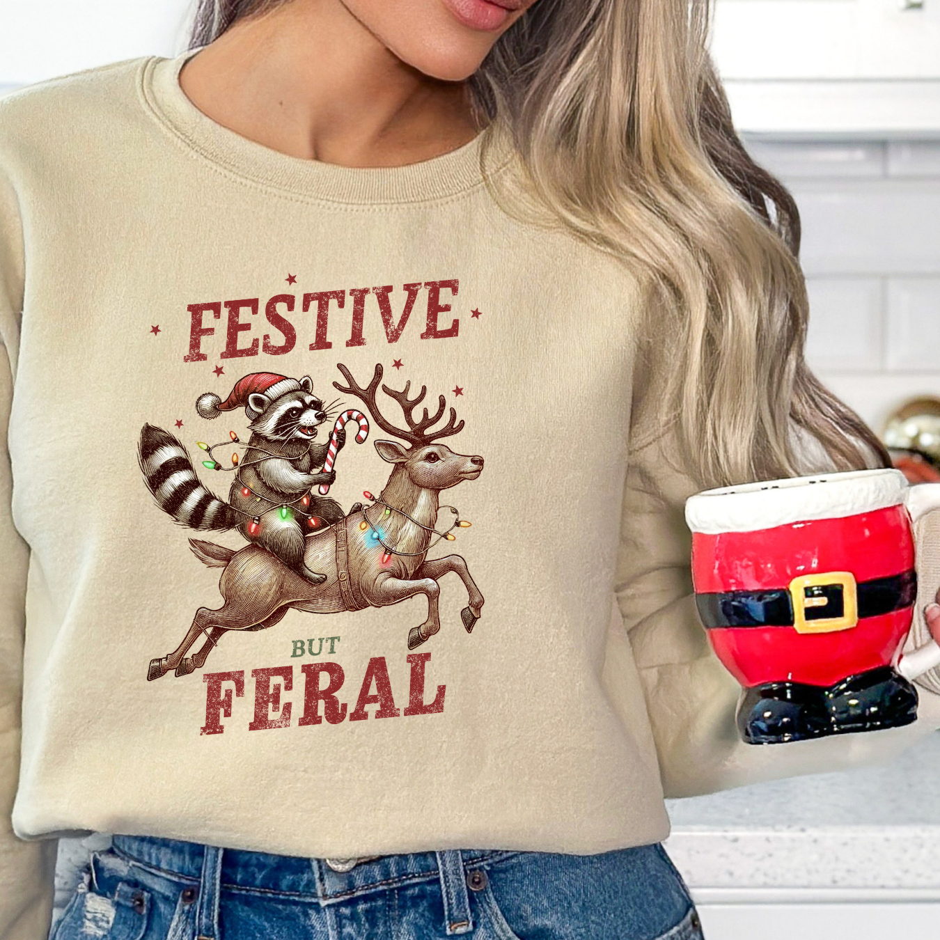 Festive but Feral Christmas Shirt or Sweatshirt | Funny Raccoon Holiday Top | Cute Wild Christmas Outfit