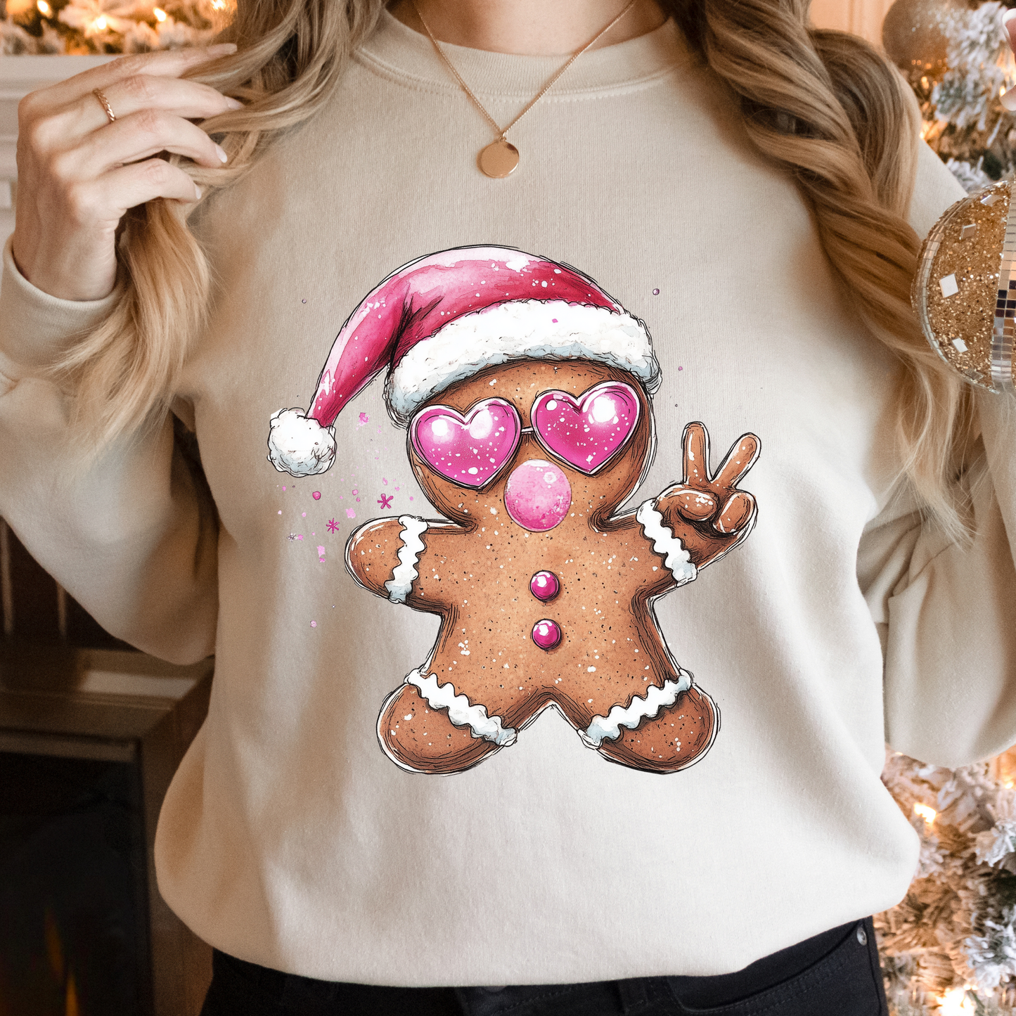 Gingerbread Bubblegum Peace Love Sweatshirt | Cute Christmas Gingerbread Shirt | Festive Holiday Top