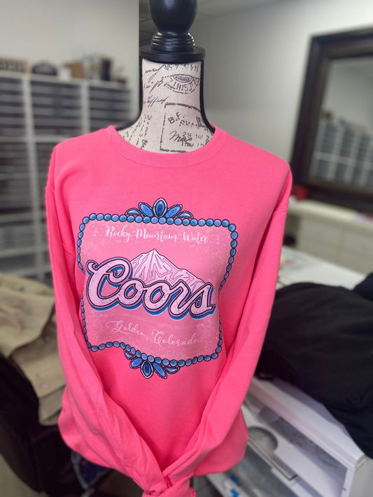 Rocky Mountain Pullover Tshirt, Cowgirl Ball Cap, Western beer Pullover Tshirt, Western Trending shirt, Western Boutique Sweatshirt Faux Turquoise jewels, Retro Charm, Neon Pink