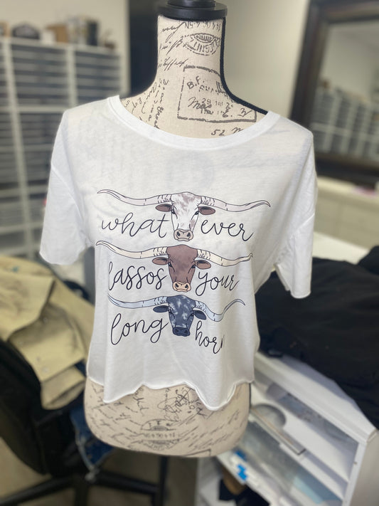 Whatever Lassos Your Longhorn White Crop Top with Brown, White, and Black Longhorns Rodeo Cowgirl