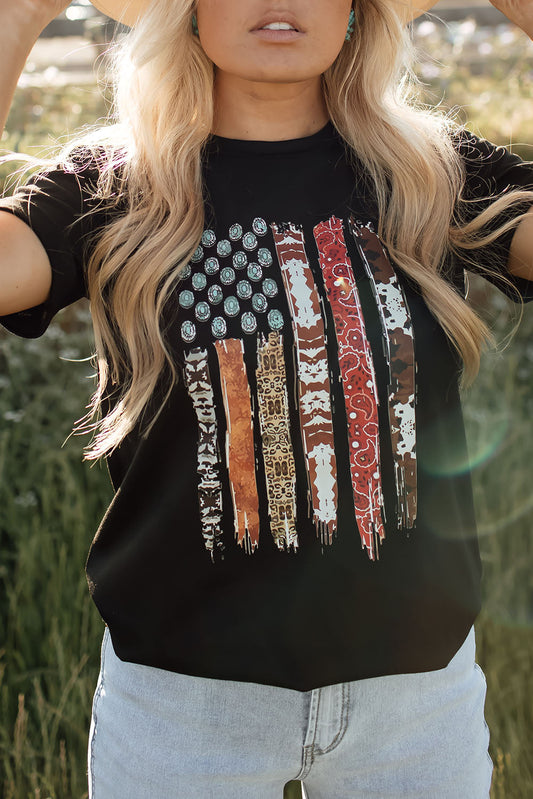 Western American Flag with Faux Turquoise Stones Graphic Black Tee