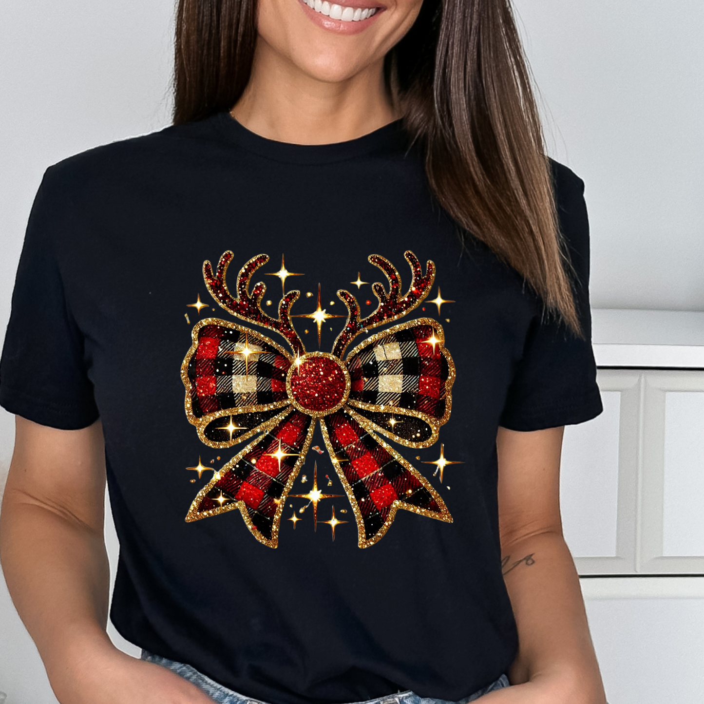 Plaid Glitter Reindeer Bow T-Shirt | Festive Christmas Graphic Tee | Cute Holiday Shirt